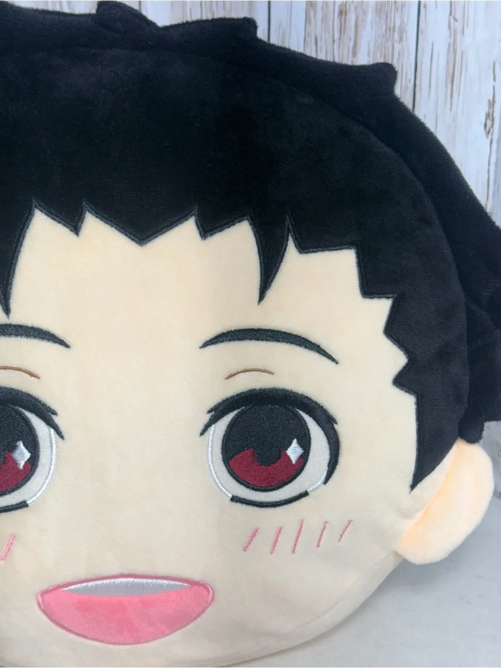 Sleepy MIPI Cute Anime Face Plush Pillow - Black Hair, Cream Face, Pink Accents